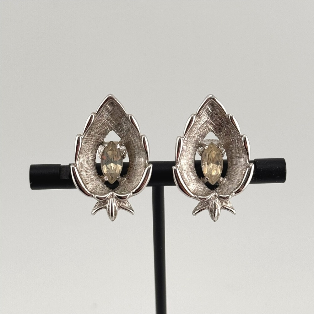 Vintage Sarah Cov 1960s Clip On Earrings Silver Tone Leaf Rhinestone
